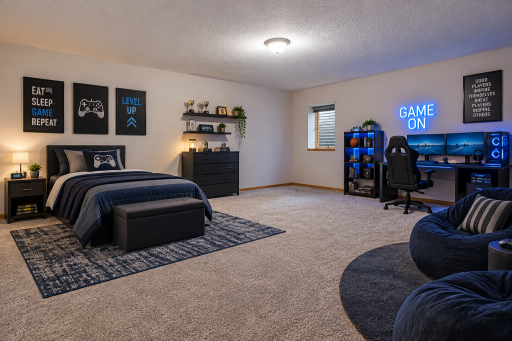 Virtually Staged Lower Level Bedroom. It's a HUGE room with enough space for a gaming area and a bed.