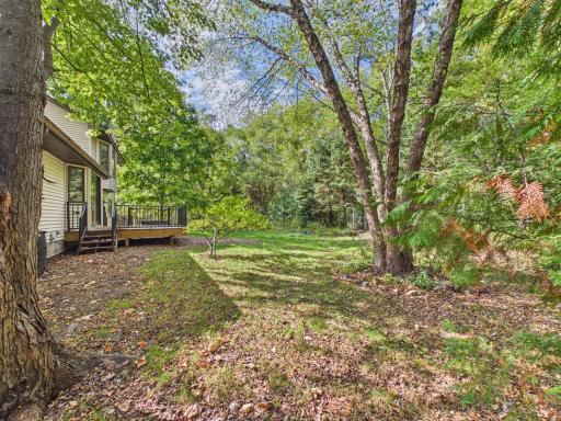 A fenced Chaska backyard framed by mature trees, with room to enjoy the outdoors in privacy