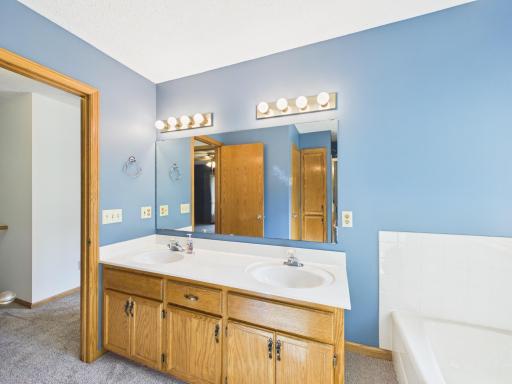 A pass-through full bath with dual sinks and separate tub and shower serves the upper-level layout.