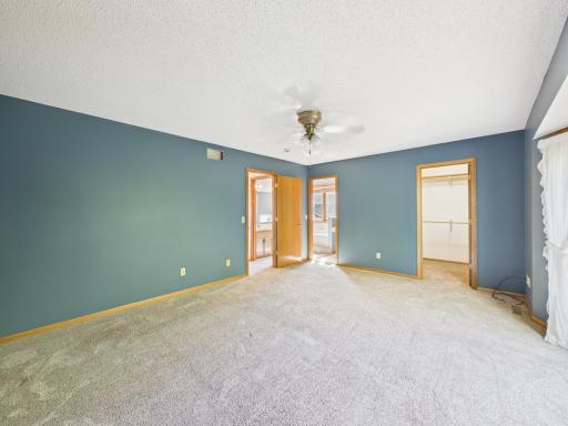 The spacious upper-level primary bedroom includes a walk-in closet.