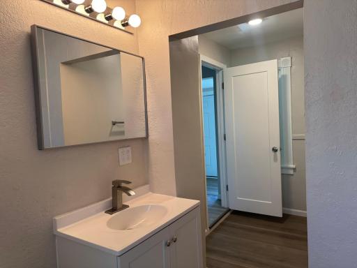 Updated bathroom with modern vanity and brushed nickel fixtures