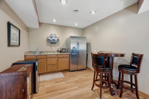 Lower Level Kitchenette with a sink (wet bar) and Refrigerator