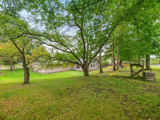 Beautiful backyard setting with mature trees and plenty of room to play.