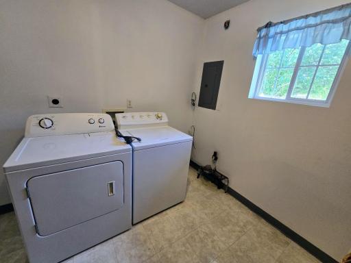 Washer & dryer are located in the utility room along with 100 amp breaker box, & water shut off. Washer & dryer are included.
