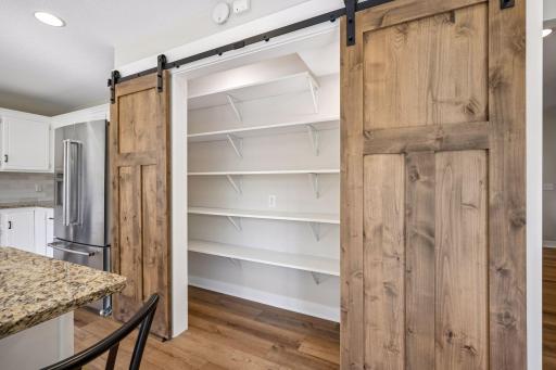 Large pantry hidden by beautiful double barn doors.
