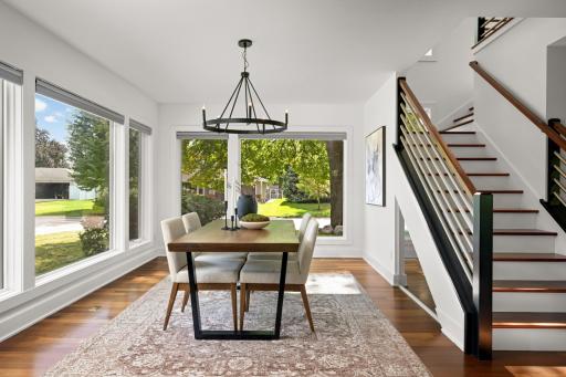 Large dining room with walls of windows