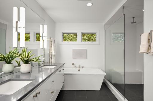 Separate soaking tub and large shower
