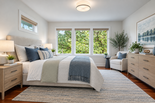 Bedroom #2 with huge windows virtually staged