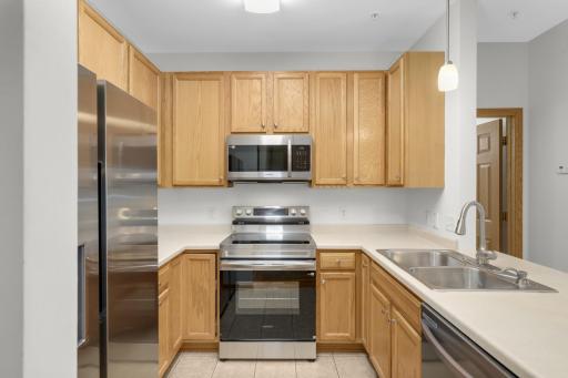 Nice 42 inch upper cabinets for storage and great counterspace. New stainless steel appliances.