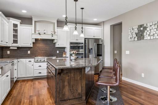 Gas stove, double oven, exhaust hood vent.