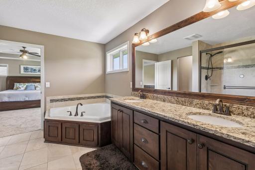 Soaking tub, double vanity