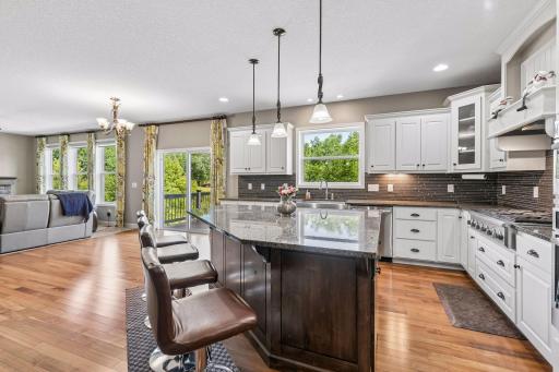 Gourmet kitchen, under mount lighting, backsplash, large center island.