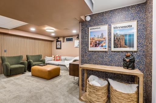 On the lower level there is a family room and it's a great spot for watching movies
