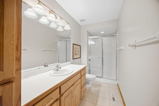 Lower level bath with tile floor and 1 sink and a shower.
