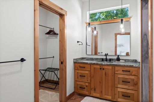 Primary ensuite with a separate vanity area, walk-in closet, and private shower.