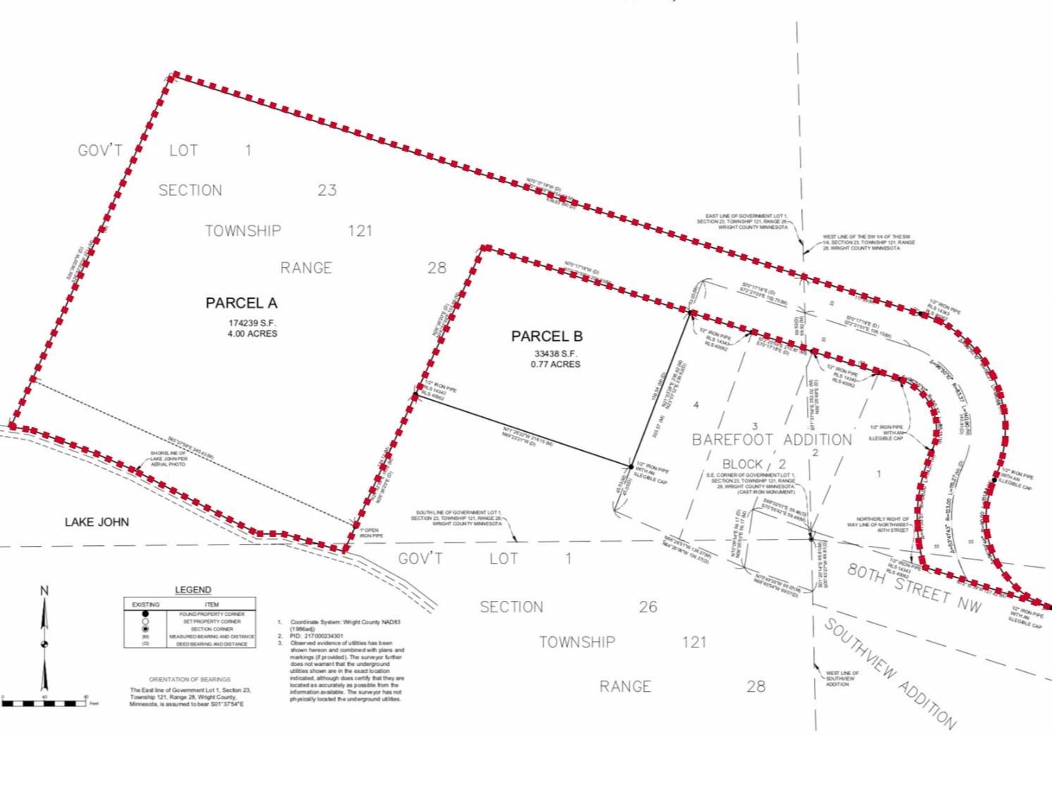 Property has recently been surveyed. Wright County Planning and Zoning along with Southside Township hold the jurisdiction for permitting and variances for this property. They will be able to answer any questions for what can or cannot be done here.