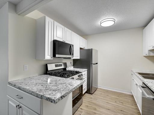 The kitchen boasts all new stainless appliances, cabinetry and flooring.
