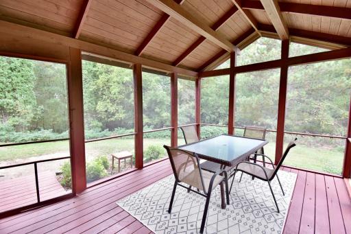 Screen porch off of the lower level family room. Very private, tree lined backyard.
