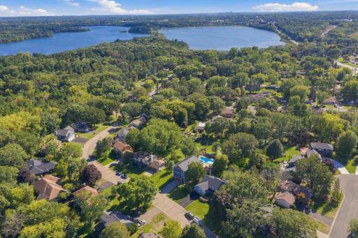 Drone view shows proximity of Sucker and Vadnais Lakes for walking and enjoying nature.