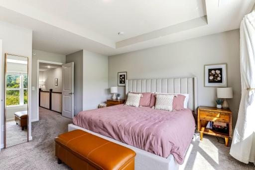 Another view of the spacious primary bedroom with tray ceiling and plenty of natural light.