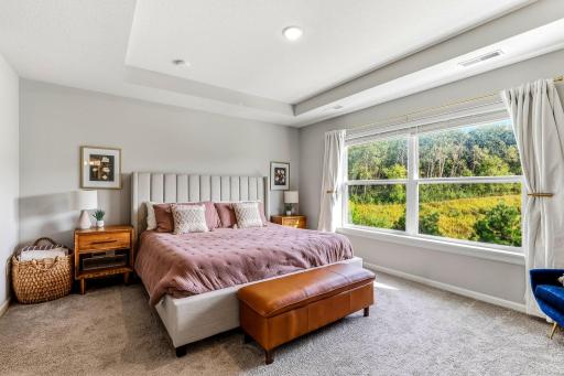 Spacious primary bedroom with a tray ceiling, large windows, and peaceful views of the trees and pond.