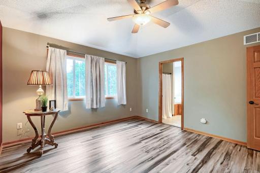 Large windows and a walk-in closet in this primary bedroom.