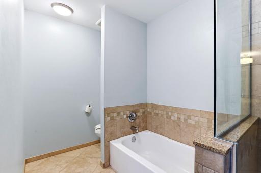 Another view of the full bath highlighting the separate soaking tub, tiled shower enclosure, and private toilet area.