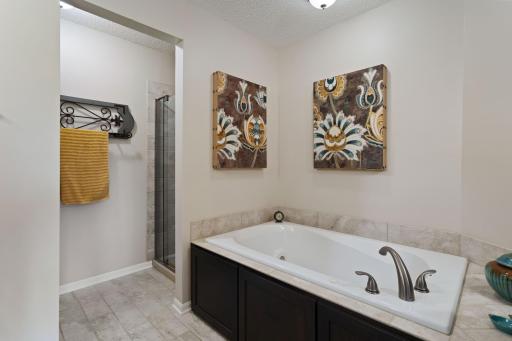 Primary bathroom with a jetted tub and separate shower