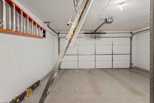 Garage with epoxy floors and 170 sq feet of storage above