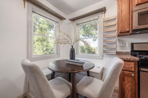 The breakfast nook has new built in bench that is custom fit to the space