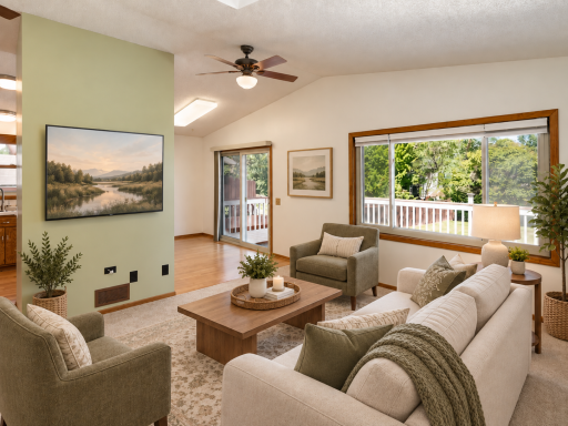 Vaulted living room with large picture window and skylight. *virtually staged