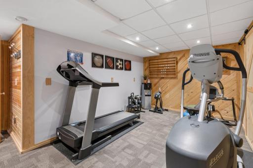 Lower level exercise room with cedar accent wall