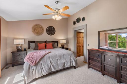 Vaulted primary bedroom with walk-in closet
