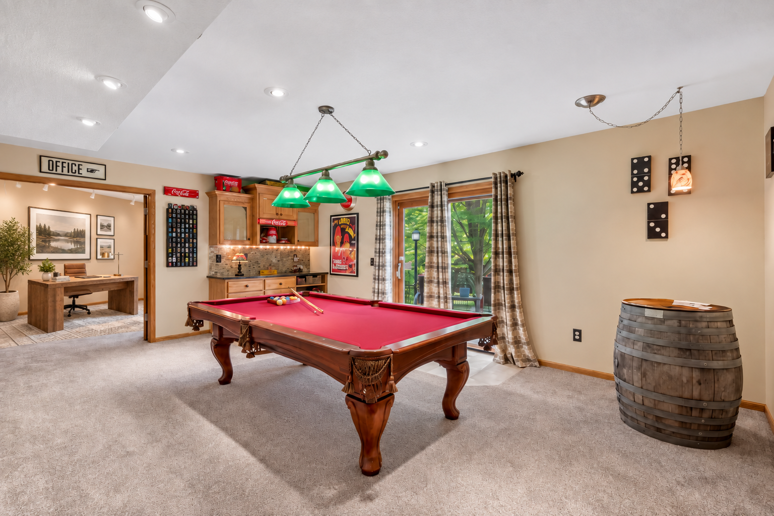 Billiards room with walkout to the patio