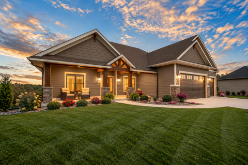 Stunning curb appeal welcomes you to this executive walkout rambler, showcasing beautiful stone accents, rich architectural details, professional landscaping, and an inviting covered front porch.