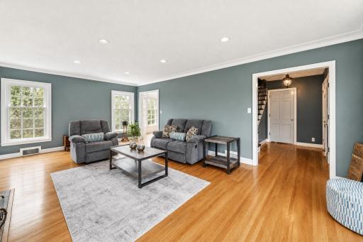 Refinished hardwood flooring.