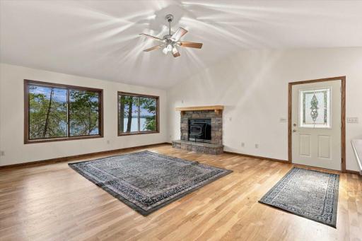 Fireplace and windows to the lake