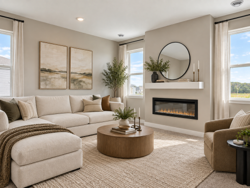 Warm and inviting living space with an electric fireplace. *Photo of similar home. Virtually staged.