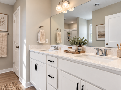 Primary ensuite with dual vanities, 5 ft. shower and linen closet. *Photo of similar home. Virtually staged.