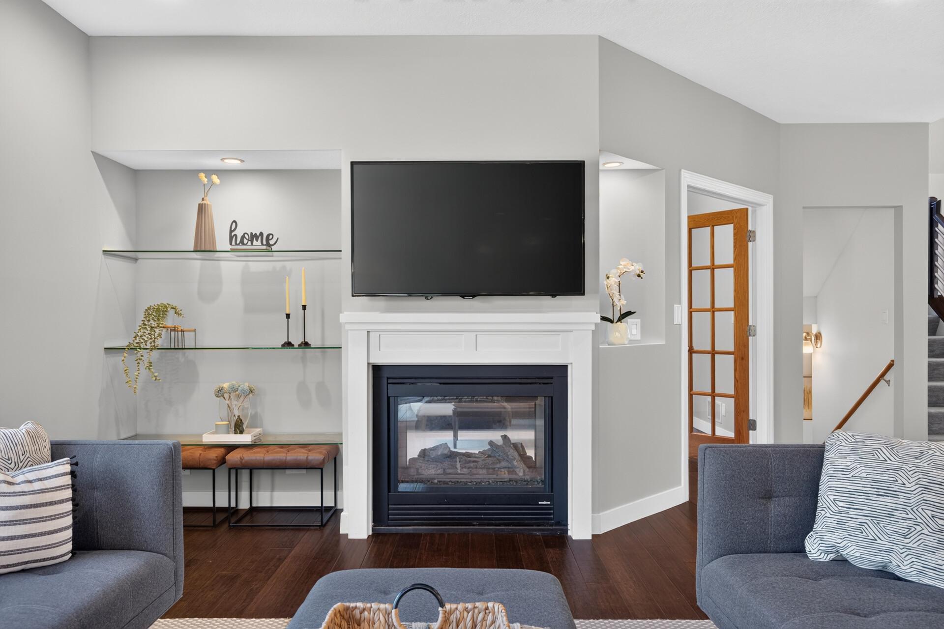 Two-sided fireplace.