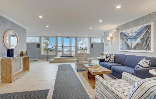 Lobby with direct access to the back patio and lake.