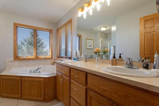 Primary suite full Bathroom: double sinks, separate shower, jacuzzi tub!
