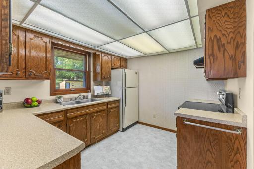 Abundance of space in the kitchen with a view of the backyard.