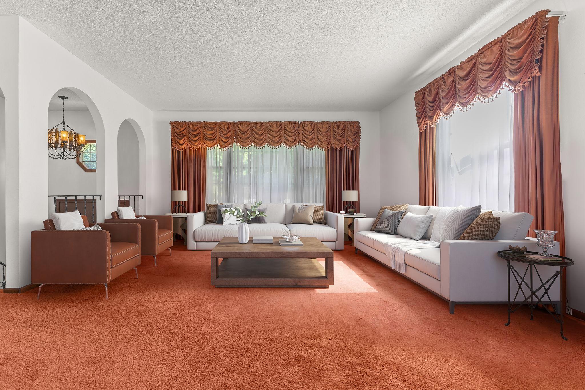 Virtually Staged Living Room. Check out the amazing MCM lighting in the entry.