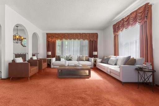 Virtually Staged Living Room. Check out the amazing MCM lighting in the entry.