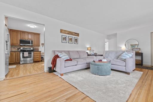 Large front living room with refinished hardwood floors