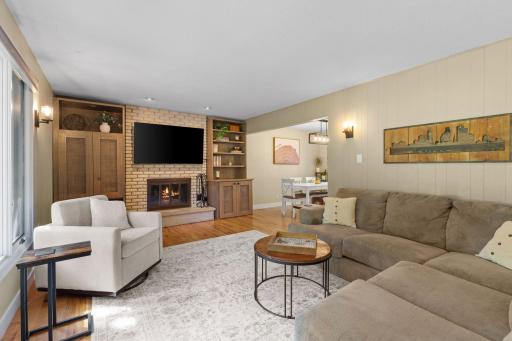 Beautiful living room with wood-burning fireplace