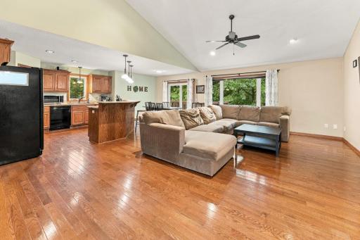 Open concept with large window over looking backyard.