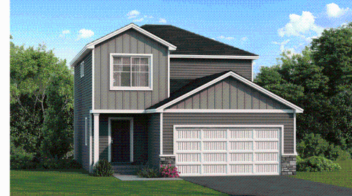 Photo for 3042 Jandura Avenue NE, Saint Michael, MN 55376 - listing #7143843 Rendering showcases stone accents and similar exterior color scheme. Home features a Walkout Lower Level ready for future finish. Rendering may not depict plan, finishes, and material selected for this home.