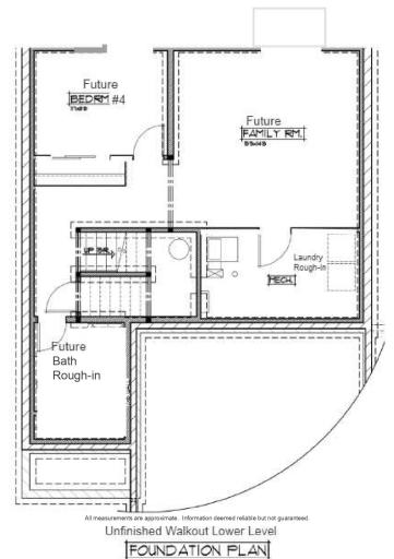 Lower Level Floor Plan. Unfinished Walkout Lower Level ready for future finish including a future family room, 4th bedroom, and 4th Bathroom. Information deemed reliable but not guaranteed.